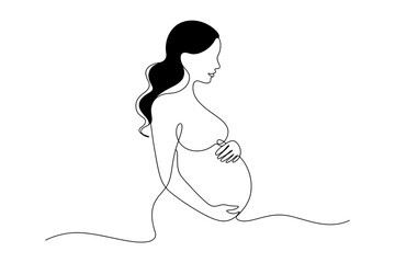 A pregnant woman sitting and holding her belly in a simple line drawing