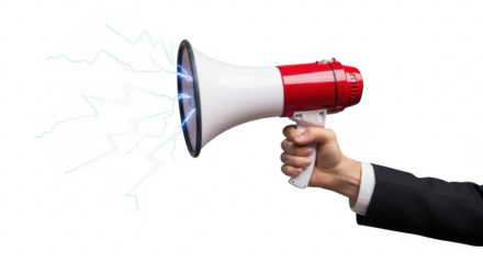 A hand holding a red and white megaphone isolated on transparent background making an announcement loudly