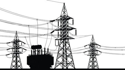 High voltage power transmission towers, electrical substation silhouette, energy infrastructure, electricity grid, industrial technology, utility network, power distribution © Its Marjia's World