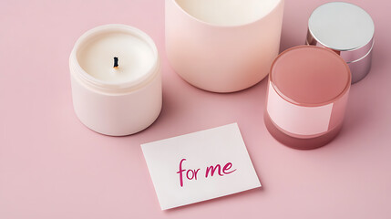 A collection of soothing self-care items on a soft pink surface. A lit candle, a note saying 'for me', and jars of creams for a relaxing, personal indulgence.