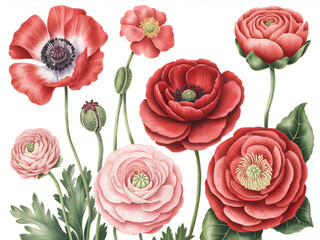 Vibrant Ranunculus Flowers Illustration with Soft Pink and Red Blooms on White Background