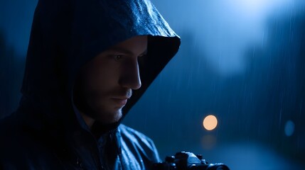 A mysterious hooded man gazes intently at his in the pouring rain at night in a dark atmospheric setting