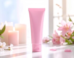 Pink cream tube, candles, and flowers on a reflective surface