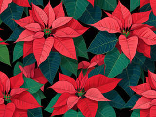 Vibrant Red Poinsettia Flowers Pattern with Green Leaves on Black Background Vector Illustration