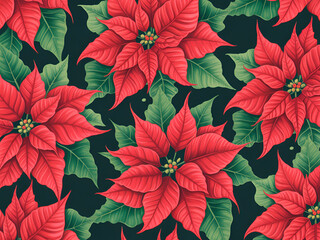 Vibrant Red Poinsettia Flowers Pattern on Dark Background - Christmas Floral Illustration for Holiday Decor