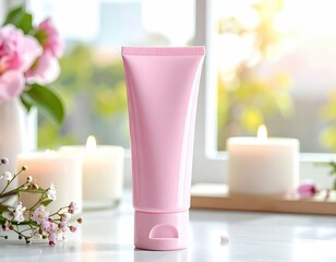 Pink tube of cream by candles, flowers, and natural light