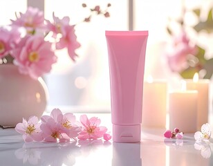 Pink tube of cream sits near flowers, candles, on a bright surface