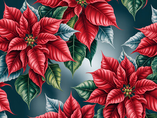 Vibrant Red Poinsettia Flowers with Green Leaves on Dark Background - Christmas Floral Pattern