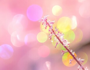 Delicate floral stem with tiny pink blossoms against dreamy bokeh