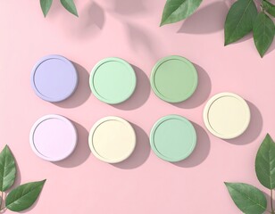 Pastel lids and leaves on pink surface, top-down view with shadows