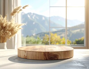 Wooden platform in sunlit room with scenic mountain view