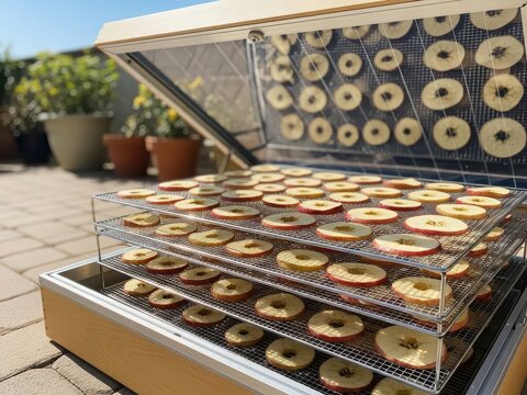 Dehydrating apple slices in a solar dehydrator