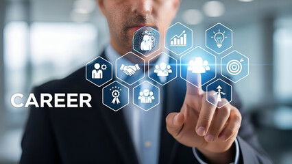 Businessman interacts with glowing digital interface displaying various essential business and career development concepts for professional growth