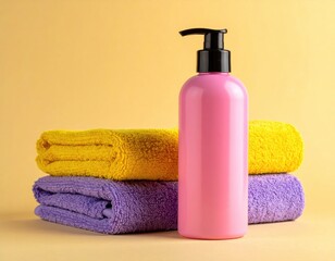 Pink bottle with black pump sits by stack of yellow and purple towels
