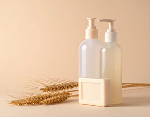 Skincare bottles, soap, and wheat stalks on a neutral beige background