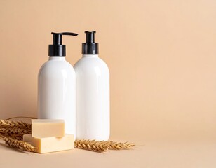 Two white dispensers, soap, and wheat on a beige background