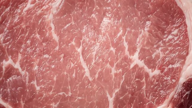 A captivating extreme close-up shot reveals the intricate, natural texture of fresh raw meat, showcasing its vibrant pink and red hues alongside delicate streaks of white marbling and fat. The detaile