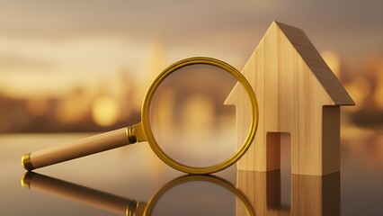 Magnifying glass examines a small wooden house icon suggesting real estate market analysis or property search focus