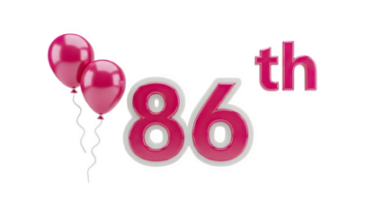 3D Pink Balloons and Number 86 with Th on transparent background