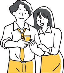 スマホの画面を覗く男女社員