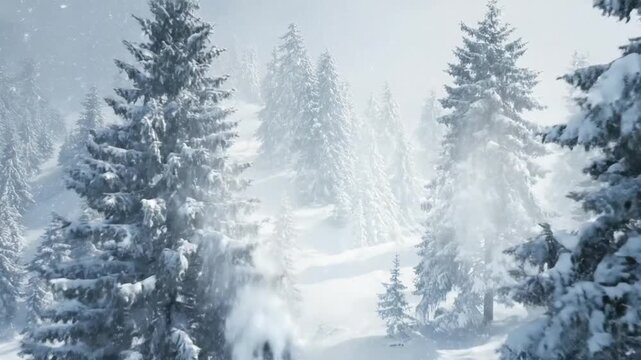 A captivating winter wonderland unfolds with a dense forest of majestic evergreen trees, deeply blanketed in pristine white snow. Large, soft snowflakes continuously descend, creating a serene and eth