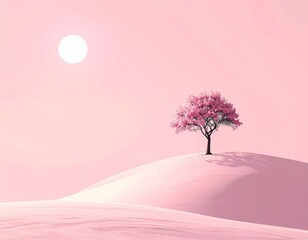 A solitary cherry tree blooms on a pink sand dune under a soft sun