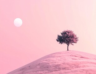A single tree atop a grassy hill with a soft, pink, ethereal sky and sun