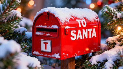 A vibrant, snow-covered red mailbox clearly marked "To Santa" sits nestled among festive fir branches illuminated by warm, gentle holiday lights outdoors.