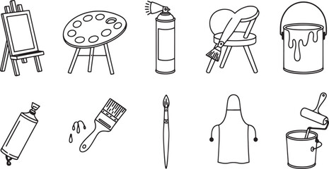 Collection of black and white line art supplies and tools artist easel