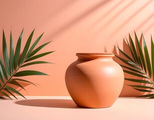 Ceramic pot with palm fronds, soft peach background and light shadow