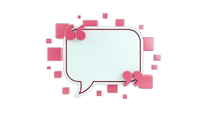 3D Quote bubble with pink quotation marks and cubes on transparent background