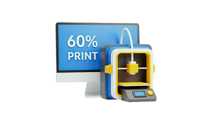 3D Printer and Computer Screen Showing 60% Print Progress on transparent background