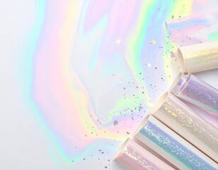Iridescent paper rolls and background with scattered glitter, pastel shades