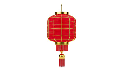 3D Red Chinese Lantern with Gold Trim and Tassels on transparent background