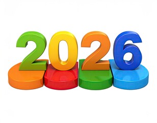 Colorful 3D numerical design indicating the year 2026 on white background