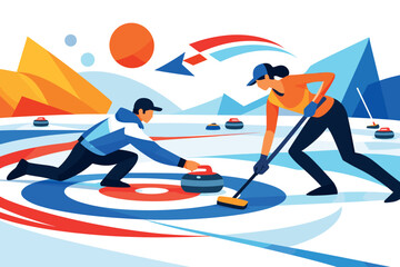 Fototapeta premium Corporate modern illustration of curling players sliding stone on ice rink.