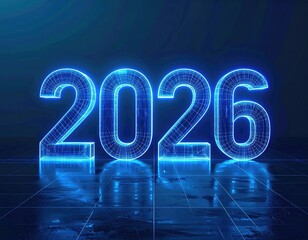 3D rendered, luminous, digital blue 2026 text on a reflective grid floor