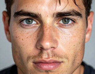 Fototapeta premium Close-up of a fair-skinned person with freckles and blue-green eyes