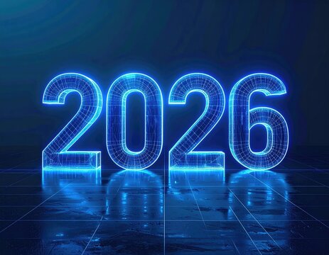 3D rendered, luminous, digital blue 2026 text on a reflective grid floor - Powered by Adobe