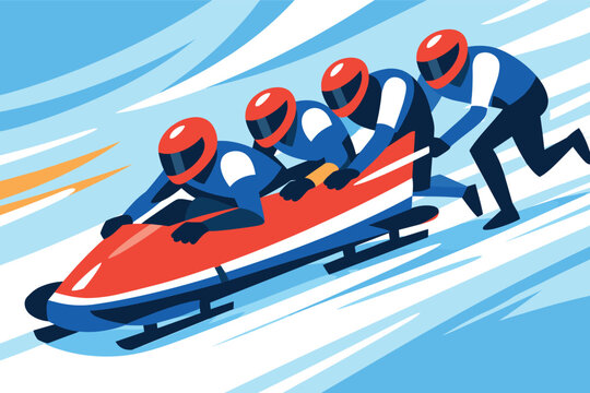Corporate modern illustration of bobsleigh team racing down icy track.
