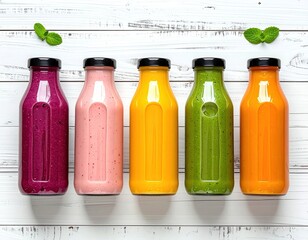 Colorful fruit smoothies in bottles on a white wood surface