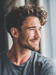Obraz premium confident young man looking away with big smile happy handsome guy looking through window thinking about the future closeup face of smiling casual man imagine with copy space no logos no brands ar 34