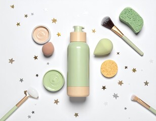 Cosmetics arranged on a white surface, with scattered star confetti