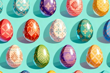 Colorful patterned eggs on teal background