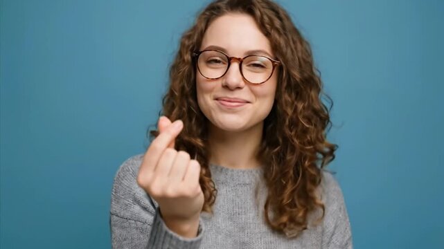 A cheerful young woman with curly hair and stylish glasses smiles, making a finger heart gesture against a blue background. She radiates warmth, happiness, and appreciation, making this ideal for posi