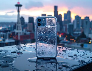 Phone with water droplets atop a rooftop overlooking cityscape