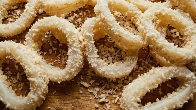 A close-up, high-angle shot captures multiple uncooked, ring-shaped food pieces generously coated with a crispy, light-colored breading, resting on a rustic wooden cutting board. The delicate texture 