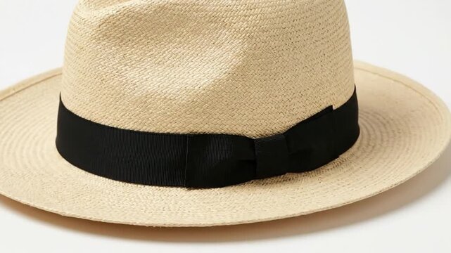 A close-up reveals the natural, woven texture of a classic straw hat, elegantly finished with a black ribbon. This timeless accessory evokes summer, travel, and refined leisure, perfect for fashion, h