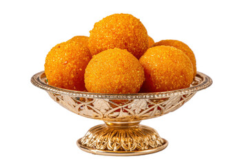 Golden Laddu Sweets in Ornate Golden Bowl Isolated on Transparent Background