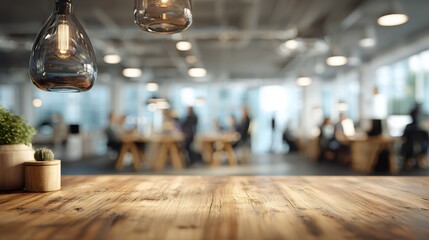 modern workspace with wooden table in foreground stylish pendant lights hanging above and blurred background of collaborative office environment filled with people working